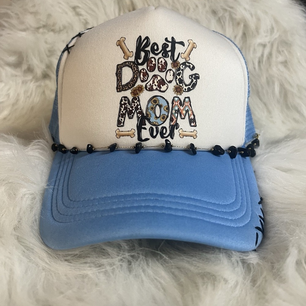 Trucker Hat Blue White Mesh SnapBack Adjustable Women Embroidery Pet Dog Mom